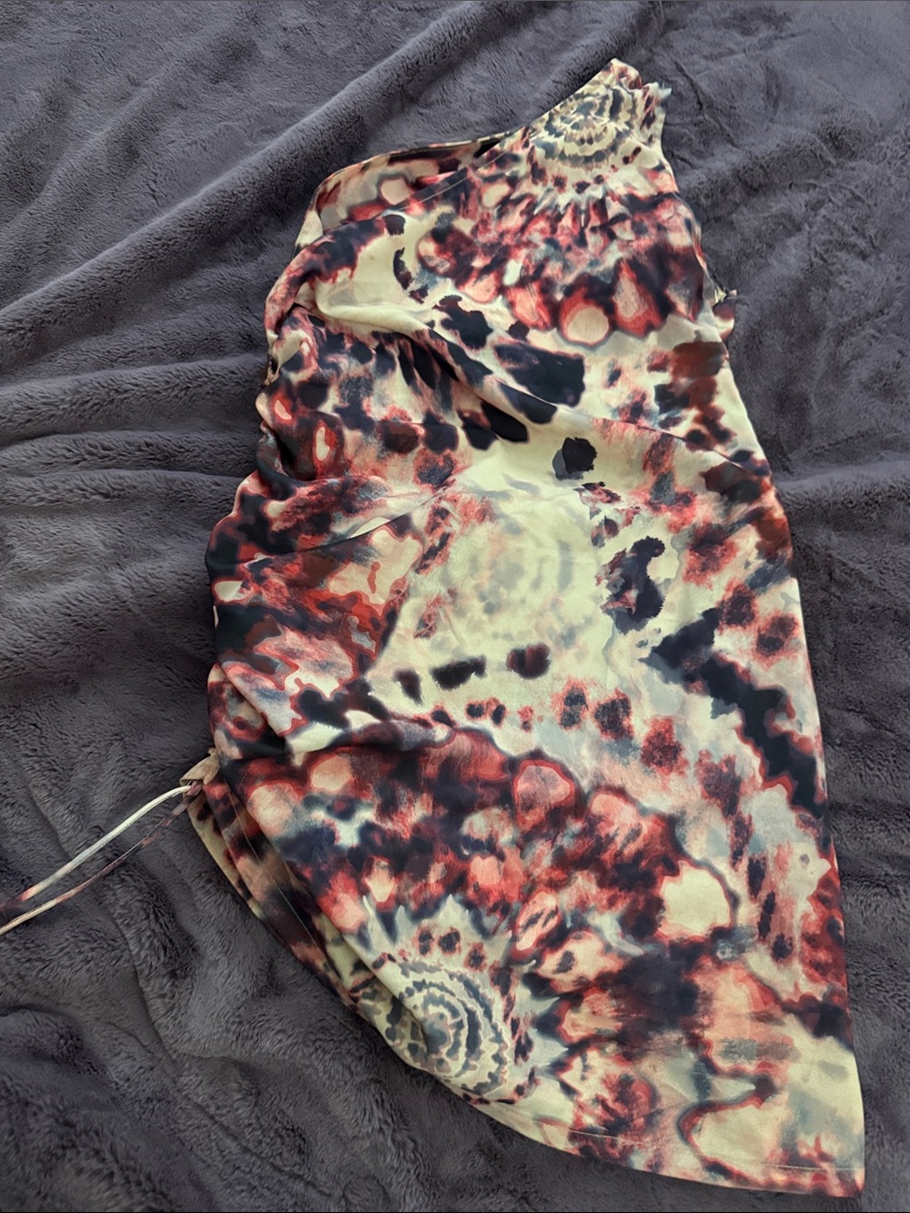 Abstract Tie-Dye One-Shoulder Dress with Statement Buckle - Red, Black & Cream